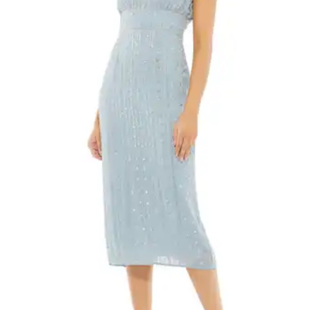 Mac Duggal Slate Blue Beaded Empire Waist Column Midi Cocktail Dress Sz 20